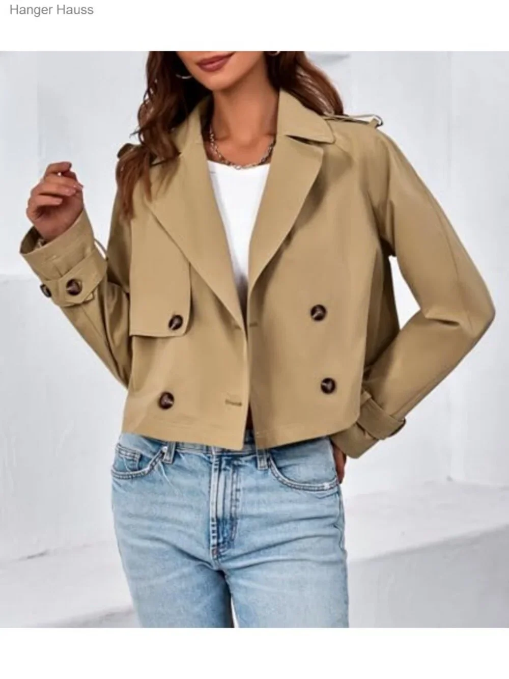 Women's Cropped Trench Coat Double-Breasted Notch Lapel Long Sleeve Lightweight